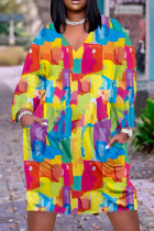 Цветные повседневные платья в стиле пэчворк с V-образным вырезом и длинными рукавами