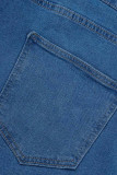 Tibetaans blauwe casual effen patchwork jeans in grote maten