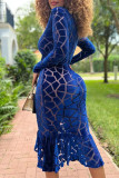 Blaue, sexy, lässige, feste Patchwork-Kleider mit V-Ausschnitt und langen Ärmeln