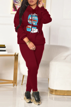 Burgundy Street Print Patchwork Hooded Collar Long Sleeve Two Pieces