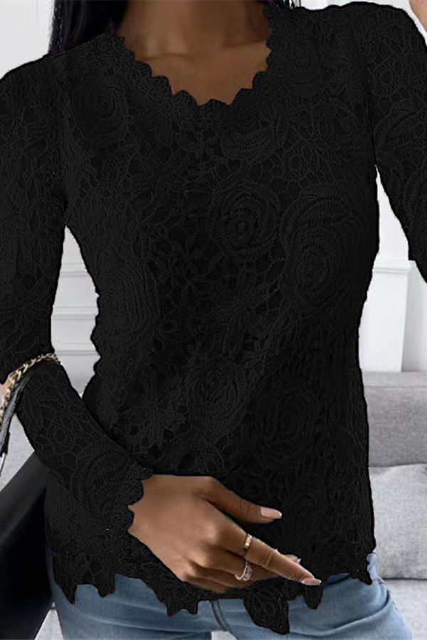 Zwarte casual effen patchwork topjes met ronde hals