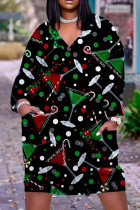 Черно-зеленые повседневные платья с длинным рукавом и V-образным вырезом в стиле пэчворк с принтом