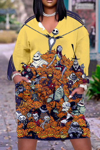 Yellow Casual Graphcis Print V Neck Long Sleeve Straight Midi Dresses