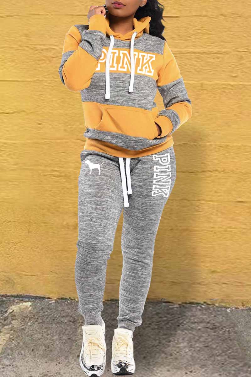 

Yellow Casual Striped Print Patchwork Letter Hooded Collar Long Sleeve Two Pieces