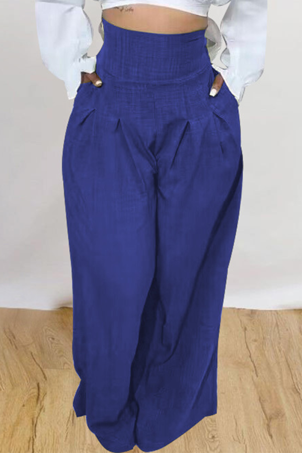 Pantaloni larghi a vita alta a gamba larga tinta unita blu casual patchwork