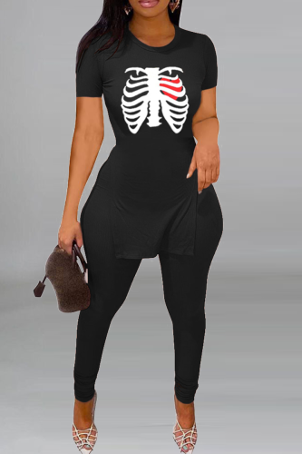 Red Black Street Print Slit O Neck Short Sleeve Two Pieces