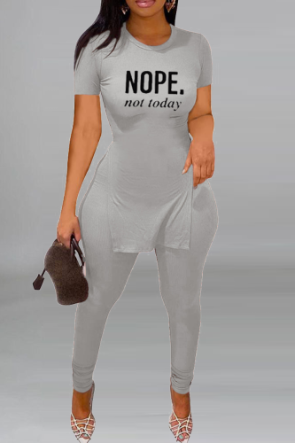 Grey Casual Print Slit O Neck Short Sleeve Two Pieces
