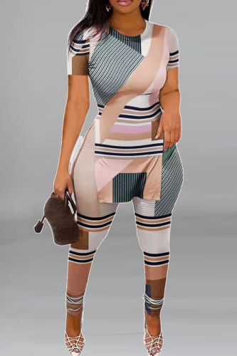 Light Khaki Street Print Slit O Neck Short Sleeve Two Pieces