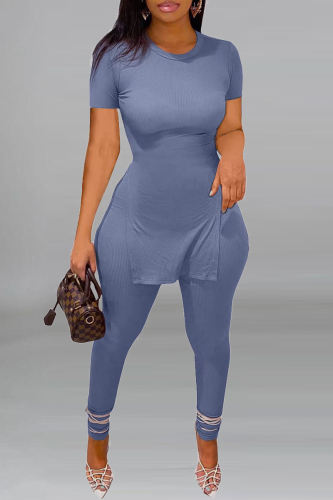 Blue Casual Print Slit O Neck Short Sleeve Two Pieces