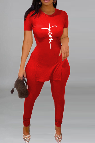 Red White Casual Print Slit O Neck Short Sleeve Two Pieces