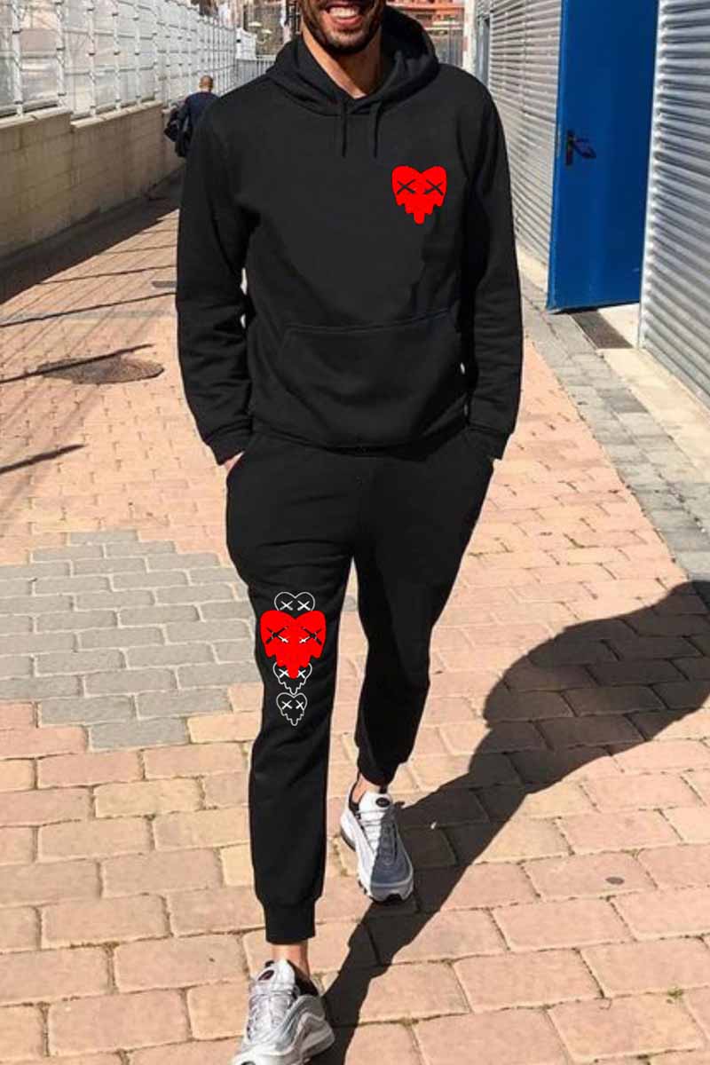 

Black Sportswear Print Patchwork Hooded Collar Long Sleeve Two Pieces
