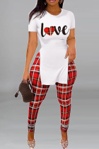 White Red Street Print Slit O Neck Short Sleeve Two Pieces