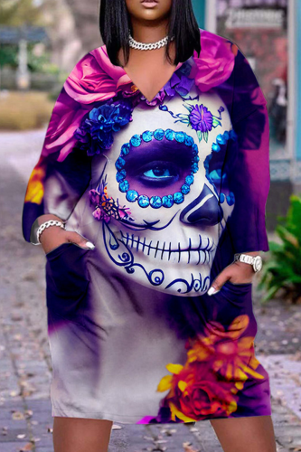 Purple Casual Graphcis Print V Neck Long Sleeve Straight Midi Dresses