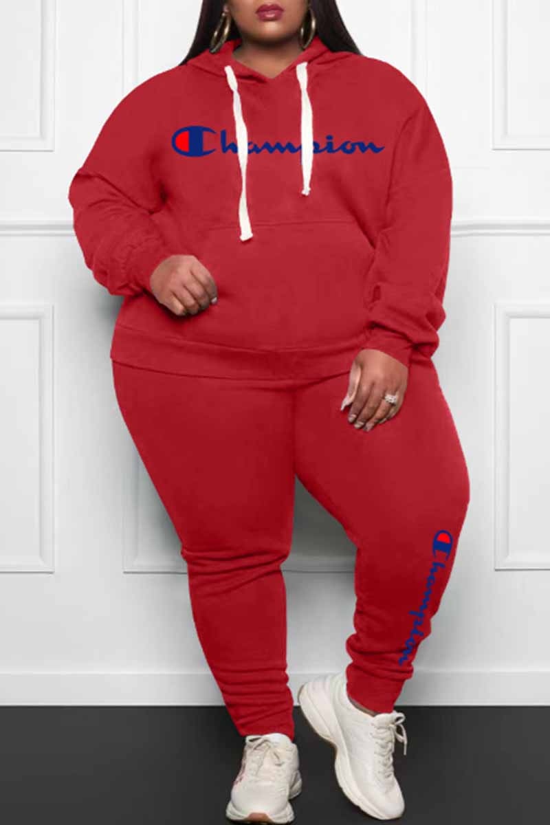 

Red Street Print Letter Hooded Collar Plus Size Two Pieces