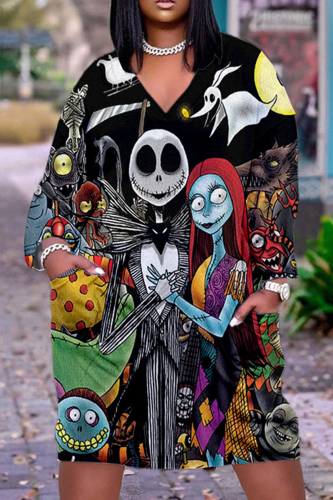 Black Gray Casual Graphcis Print V Neck Long Sleeve Straight Midi Dresses