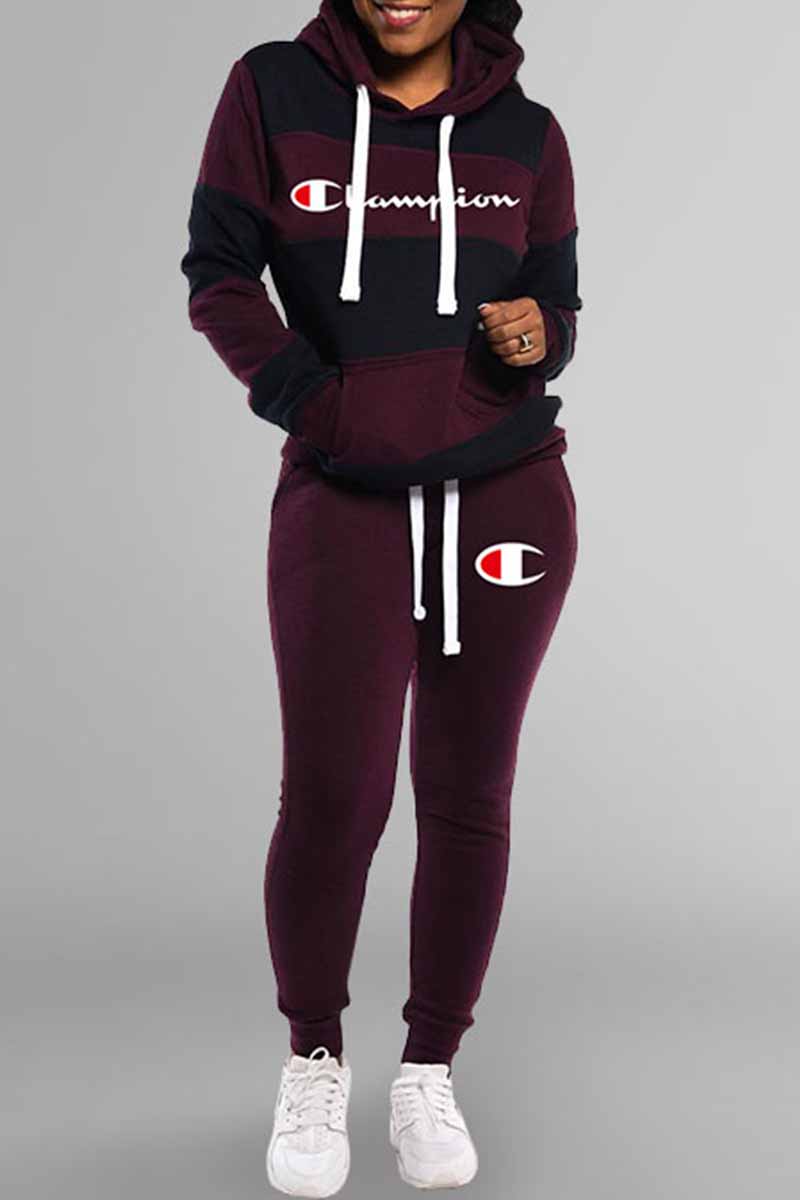 

Black Street Striped Print Patchwork Letter Hooded Collar Long Sleeve Two Pieces