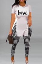 Black And White Street Print Slit O Neck Short Sleeve Two Pieces