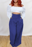 Blue Casual Solid Patchwork Loose High Waist Wide Leg Solid Color Bottoms