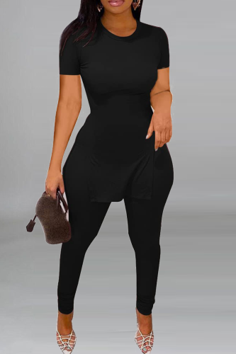 Black Street Print Slit O Neck Short Sleeve Two Pieces