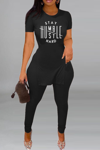 Black Casual Print Slit O Neck Short Sleeve Two Pieces