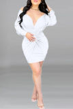 Robes de jupe de taille à col en V décontractées blanches à plis solides