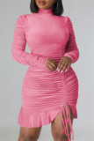 Vestidos de manga larga con cuello alto y pliegues de frenillo con cordón de dibujo sólido informal rosa