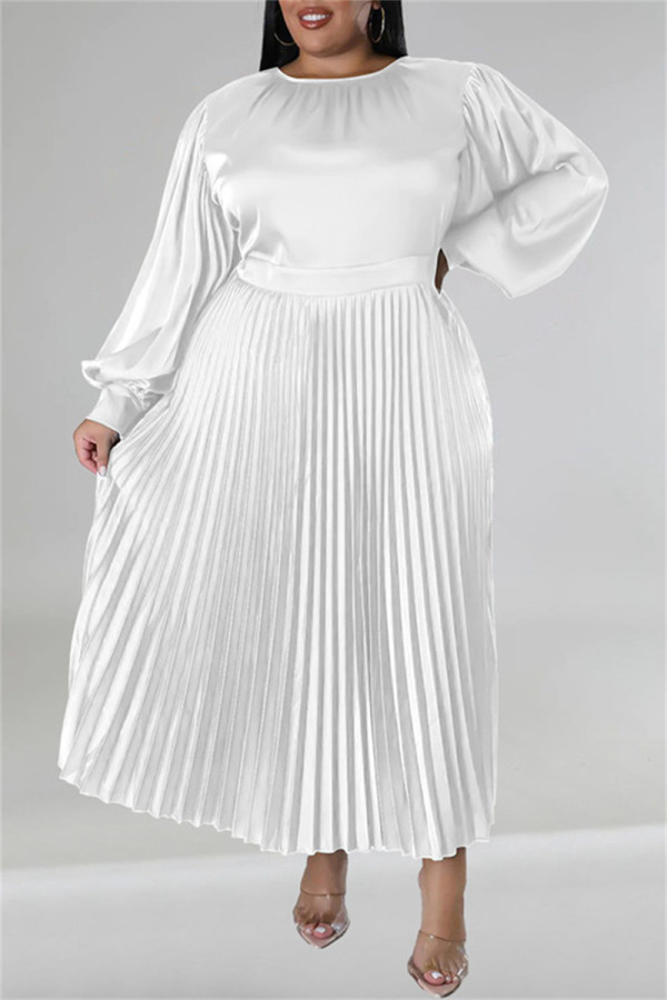 White Casual Solid Patchwork Fold O Neck Pleated Plus Size Dresses