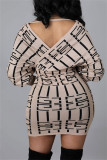 Абрикосовые повседневные платья в стиле пэчворк с V-образным вырезом и длинными рукавами