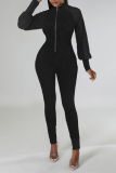 Coffee Sexy Solid Sequins Zipper Collar Skinny Jumpsuits