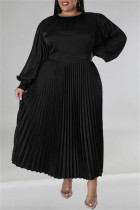 Schwarze, lässige, solide Patchwork-Falte mit O-Ausschnitt, plissierte Kleider in Übergröße