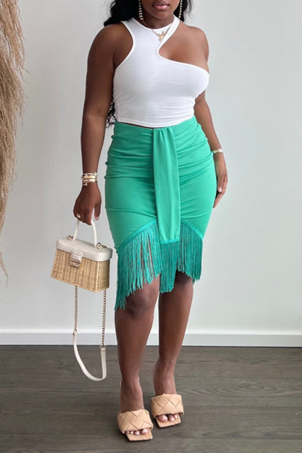 White Green Sexy Solid Tassel O Neck Sleeveless Two Pieces
