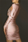 Розовые повседневные однотонные лоскутные платья с V-образным вырезом и длинными рукавами