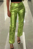 Grüne, lässige, einfarbige Patchwork-Hose mit hoher Taille, herkömmliche einfarbige Unterteile
