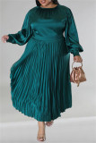 Зеленые повседневные однотонные лоскутные плиссированные платья больших размеров со складками и круглым вырезом
