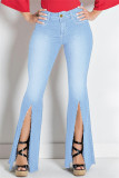 Blaue, lässige, solide Patchwork-Schlitz-Jeans mit hoher Taille und normaler Denim