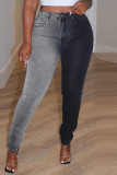 Zwarte casual skinny jeans met patchworkprint en hoge taille