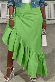 Green Casual Solid Patchwork Asymmetrical Regular High Waist Skirts