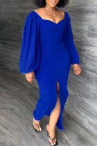 Vestidos de manga comprida azul casual patchwork com fenda decote em v