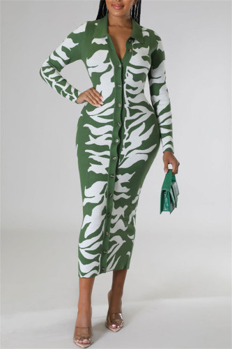 Зеленые повседневные платья с длинным рукавом и отложным воротником в стиле пэчворк с принтом