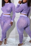Purple Sexy Geometry Print See-through O Neck Long Sleeve Two Pieces Crop Tops And Skinny Pants Sets