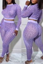 Purple Sexy Geometry Print See-through O Neck Long Sleeve Two Pieces Crop Tops And Skinny Pants Sets