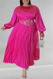 Green Casual Solid Patchwork Fold O Neck Pleated Plus Size Dresses