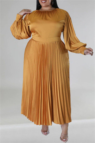 Gold Casual Solid Patchwork Fold O Neck Pleated Plus Size Dresses