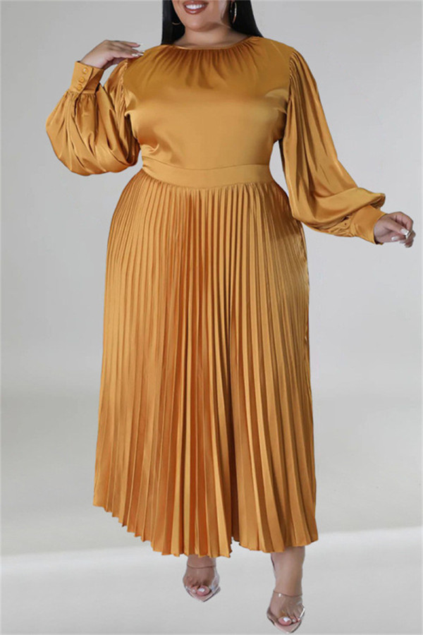 Золотые повседневные однотонные плиссированные платья больших размеров в стиле пэчворк с круглым вырезом и складками