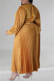 Gold Casual Solid Patchwork Fold O Neck Pleated Plus Size Dresses