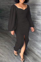 Vestidos de manga comprida preto casual patchwork com fenda decote em v