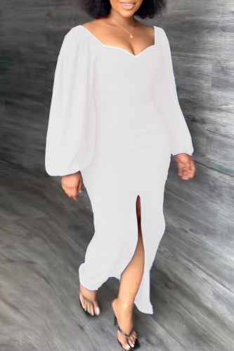 Vestidos de manga larga con cuello en V y hendidura de patchwork sólido casual blanco