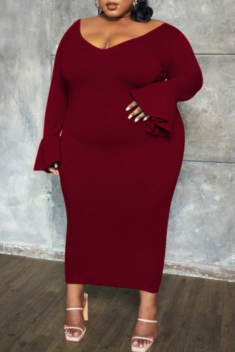 Burgundy Casual Solid Patchwork V Neck Long Sleeve Plus Size Dresses