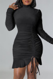 Zwart casual effen trekkoord frenulum vouw coltrui lange mouw jurken