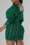 Зеленые повседневные платья с длинным рукавом и принтом в стиле пэчворк с V-образным вырезом